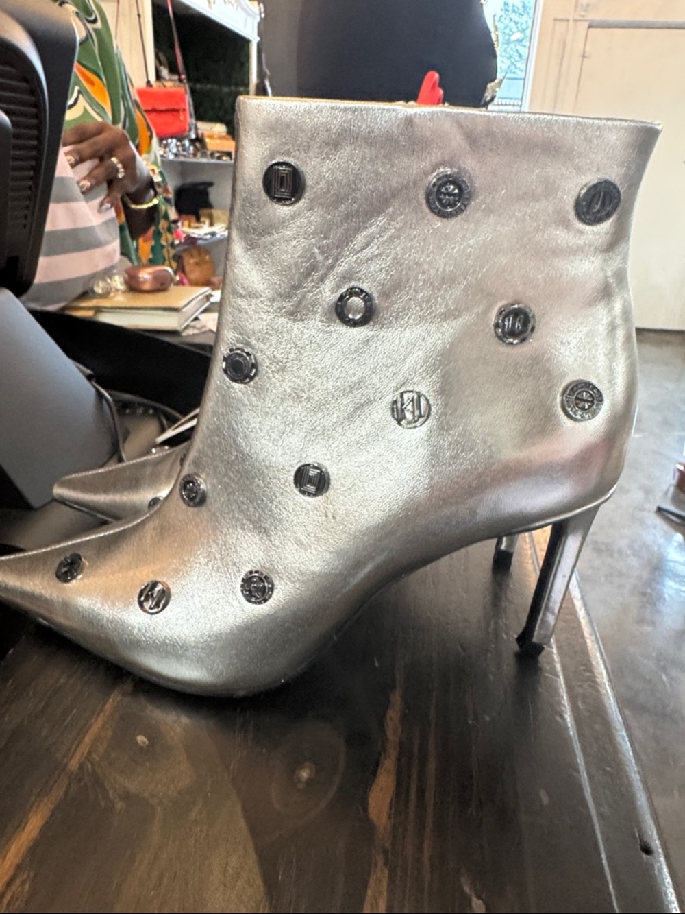 Karl Lagerfeld Silver Pointed Toe Studded Ankle Boots - Picture 10 of 11